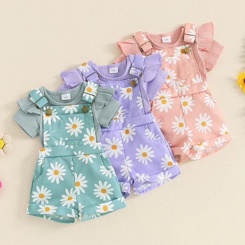 Summer Baby Girls Short Sleeve Romper with Flower Print Suspender Shorts Set Toddler Clothes 0-18 Months