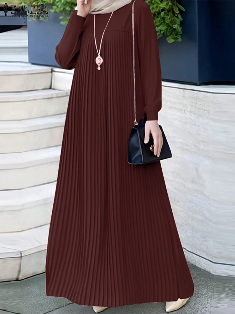 2025 ZANZEA Muslim Abaya Hijab Dress Women Elegant Long Sleeve Pleated Sundress Fashion Casual IsIamic Clothing Dubai Maxi Robe