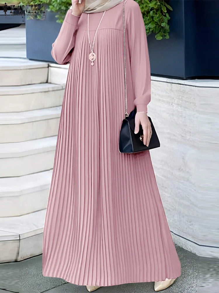 2025 ZANZEA Muslim Abaya Hijab Dress Women Elegant Long Sleeve Pleated Sundress Fashion Casual IsIamic Clothing Dubai Maxi Robe