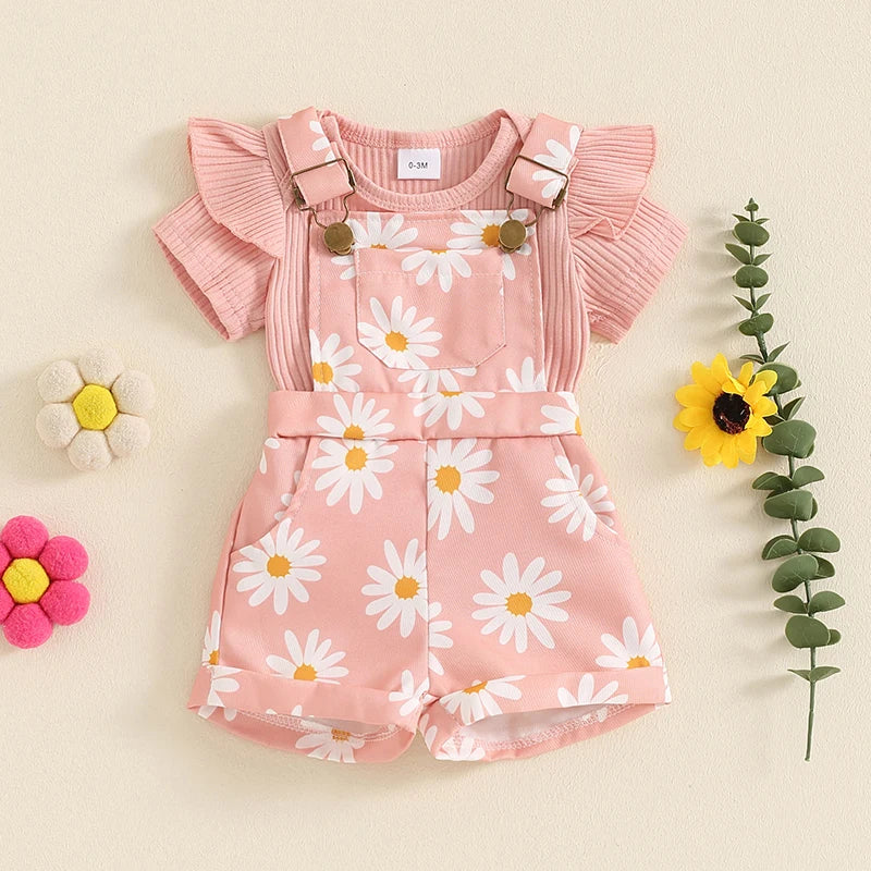 Summer Baby Girls Short Sleeve Romper with Flower Print Suspender Shorts Set Toddler Clothes 0-18 Months