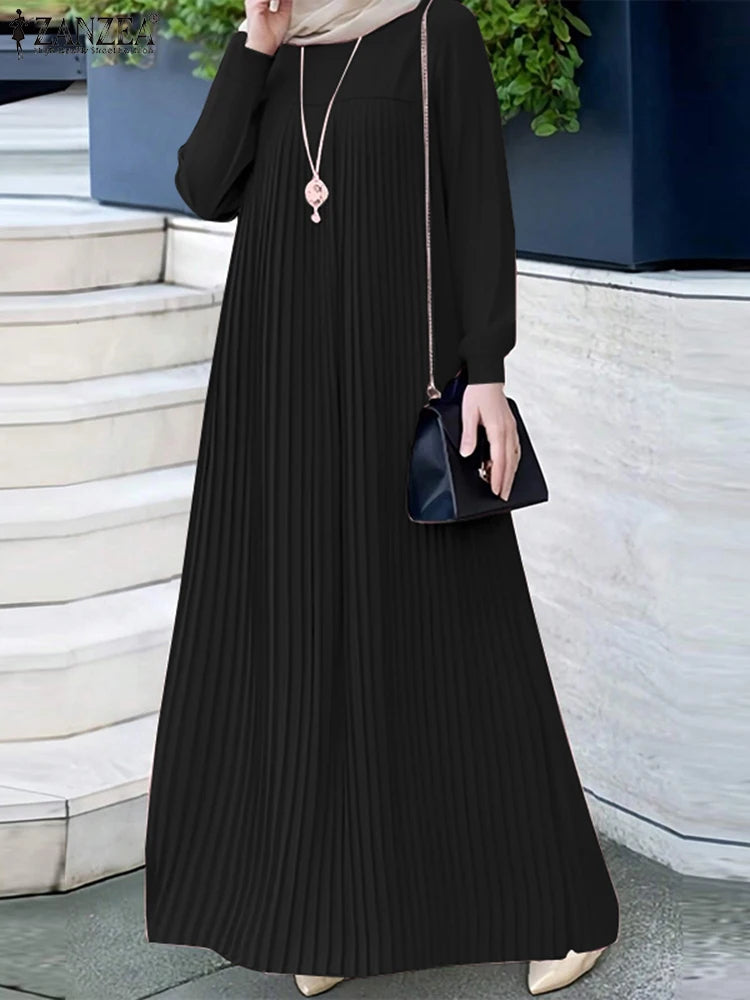 2025 ZANZEA Muslim Abaya Hijab Dress Women Elegant Long Sleeve Pleated Sundress Fashion Casual IsIamic Clothing Dubai Maxi Robe