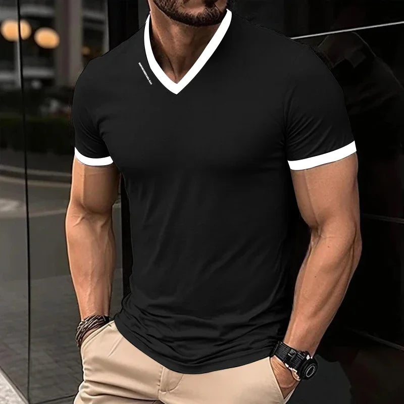 Men's Casual and Fashionable Solid Color V-neck Short Sleeved T-shirt with Letter Print Summer Versatile and Comfortable Top