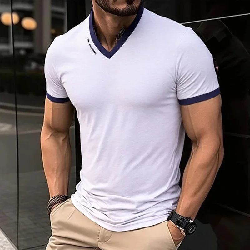 Men's Casual and Fashionable Solid Color V-neck Short Sleeved T-shirt with Letter Print Summer Versatile and Comfortable Top