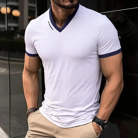 Men's Casual and Fashionable Solid Color V-neck Short Sleeved T-shirt with Letter Print Summer Versatile and Comfortable Top