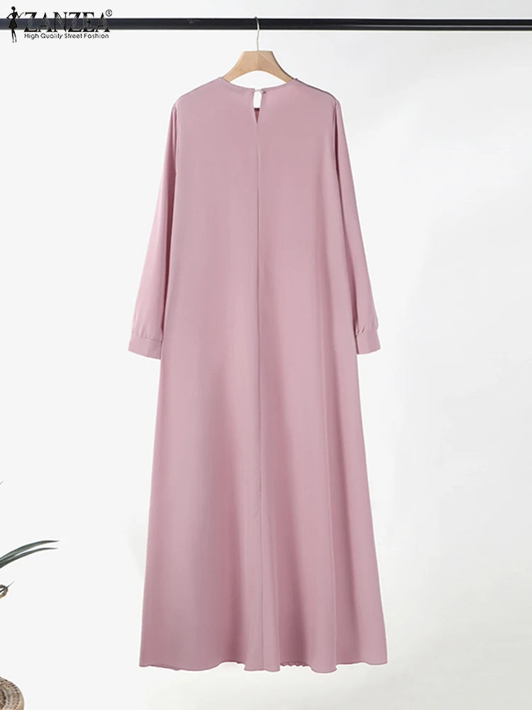 2025 ZANZEA Muslim Abaya Hijab Dress Women Elegant Long Sleeve Pleated Sundress Fashion Casual IsIamic Clothing Dubai Maxi Robe